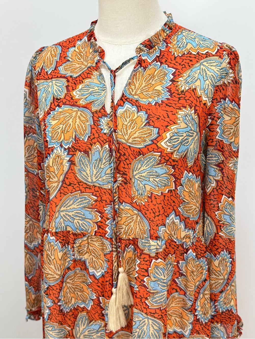 THML Rust Orange Floral Tassel-Front Long Sleeve tiered mini Dress size S - Picture 3 of 13